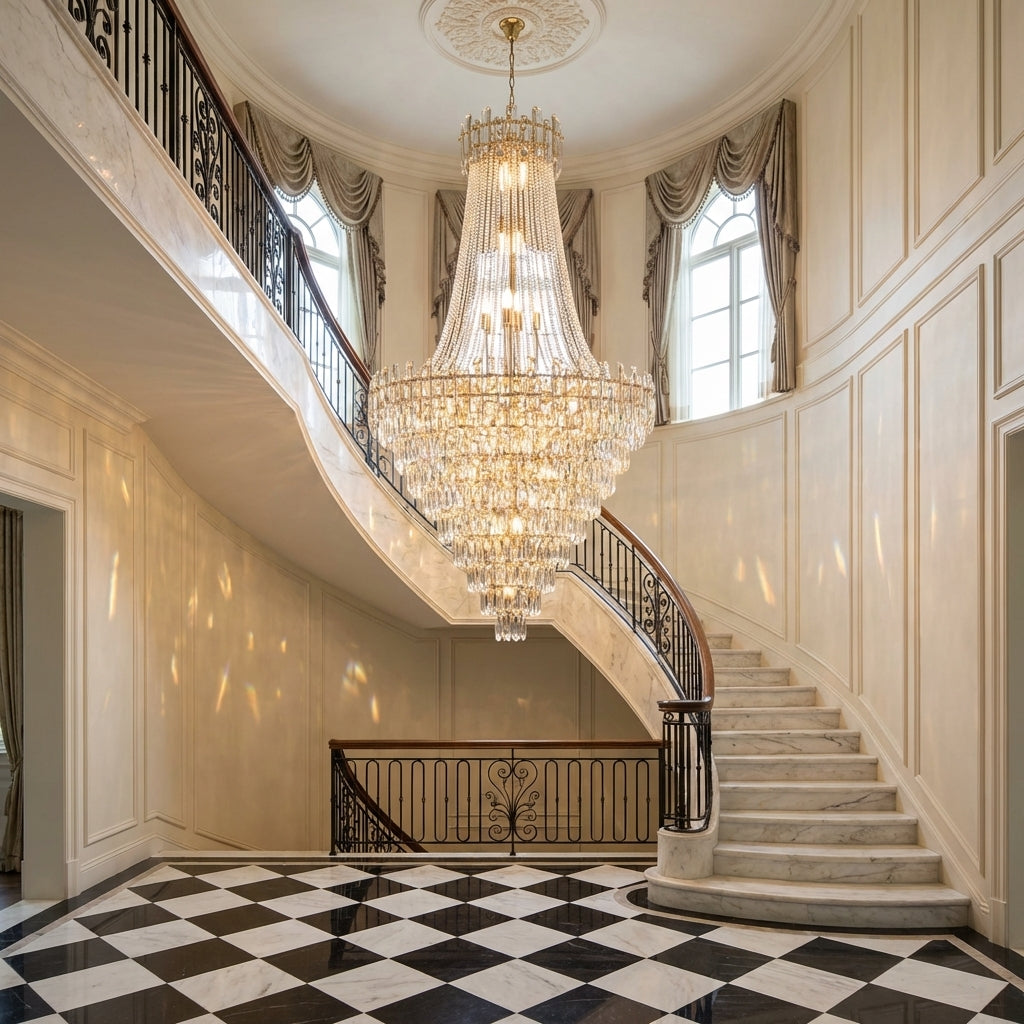 Riviko Grand Tiered K9 Crystal Chandelier - grand American estate foyer