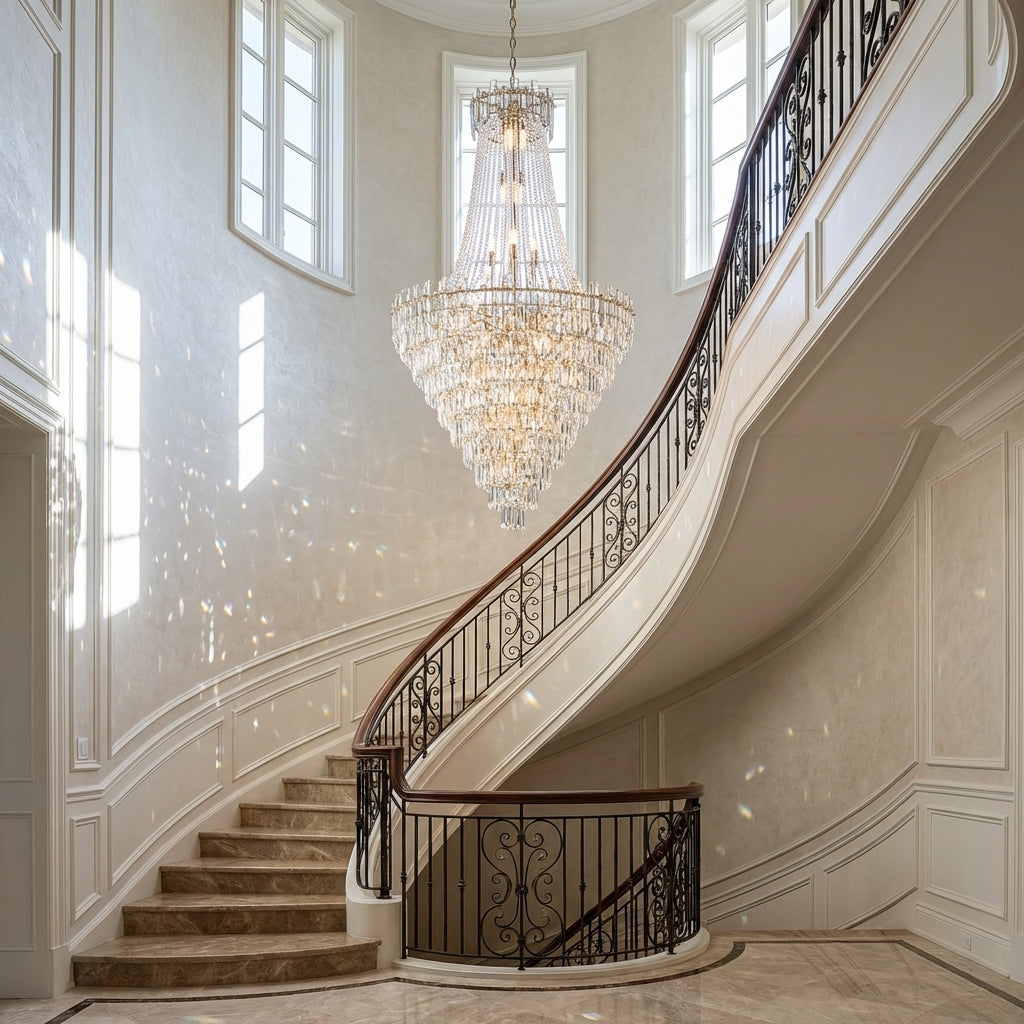 Riviko Luxury Modern Multi-tiered Crystal Chandelier for Staircase/Foyer - dramatic American stairwell with soaring ceiling