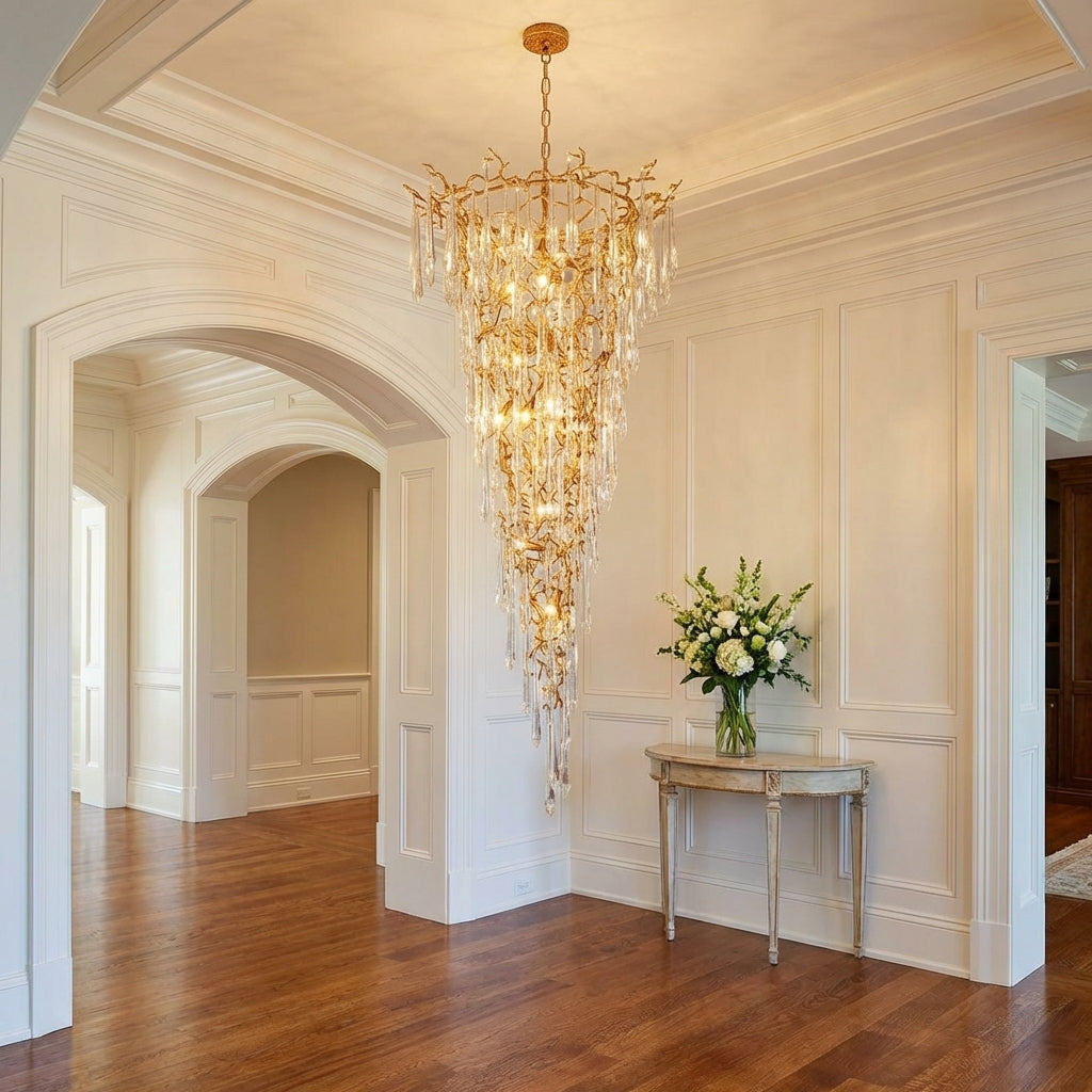 Riviko Verdant Cascade Branch Chandelier - elegant American entryway with arched doorway