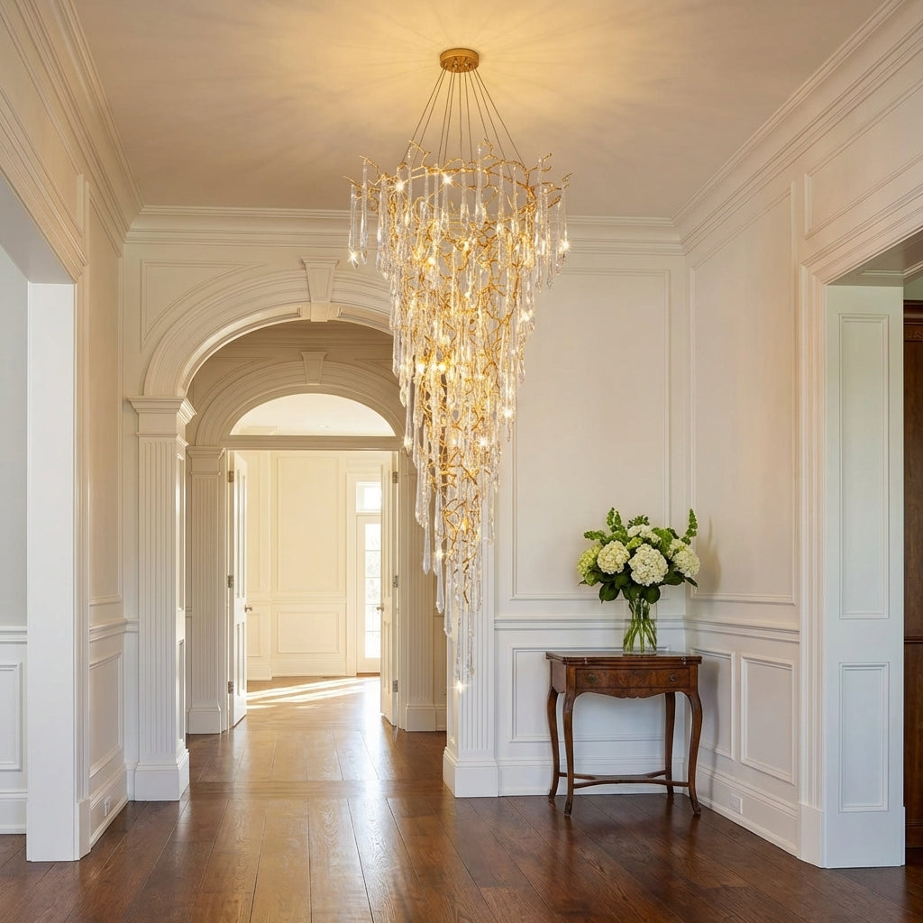 Riviko Verdant Cascade Branch Chandelier - elegant American entryway with arched doorway