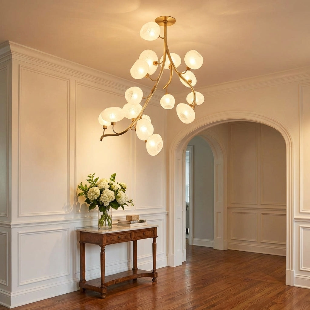 Riviko Verdant Branch Brass Chandelier with Irregular Glass Shades - elegant American entryway with arched doorway