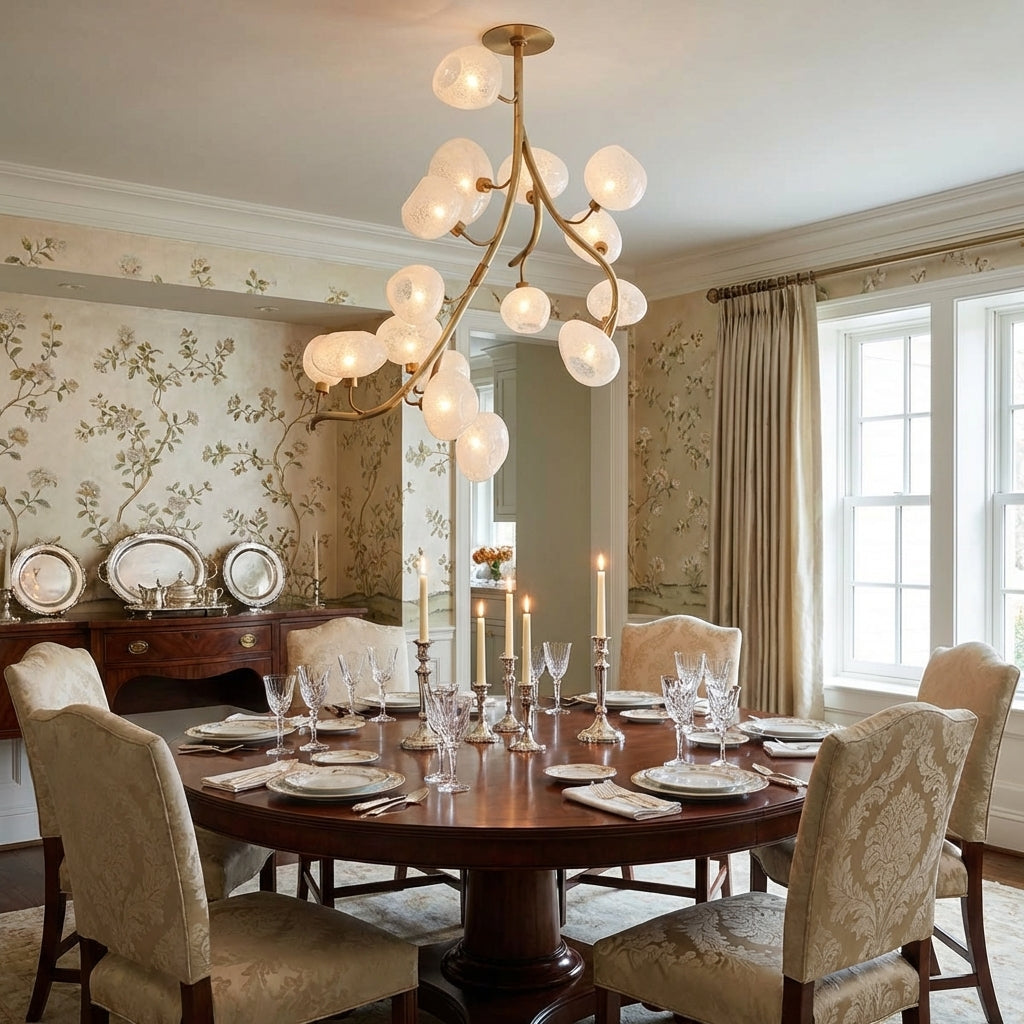 Riviko Verdant Branch Brass Chandelier with Irregular Glass Shades - formal American dining room