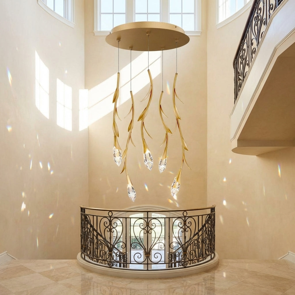 Riviko Veridian Bloom Floating Crystal Chandelier - dramatic American stairwell with soaring ceiling