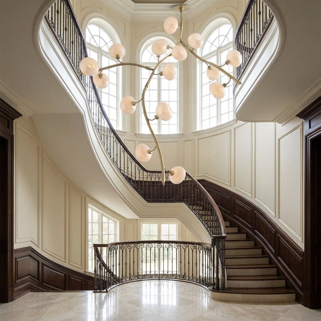 Riviko Veridian Branch Glass Globe Chandelier - dramatic American stairwell with soaring ceiling