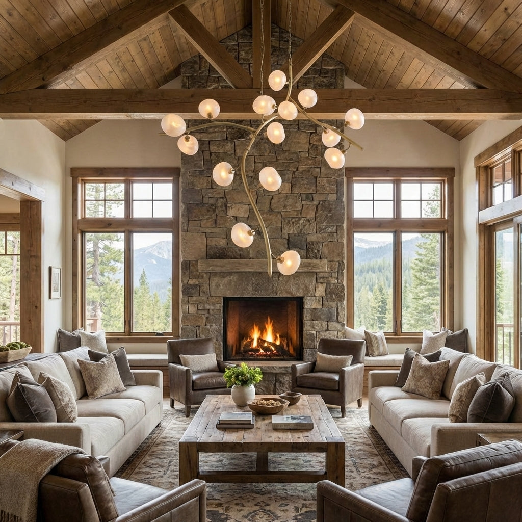 Riviko Veridian Branch Glass Globe Chandelier - American transitional great room with cathedral ceiling