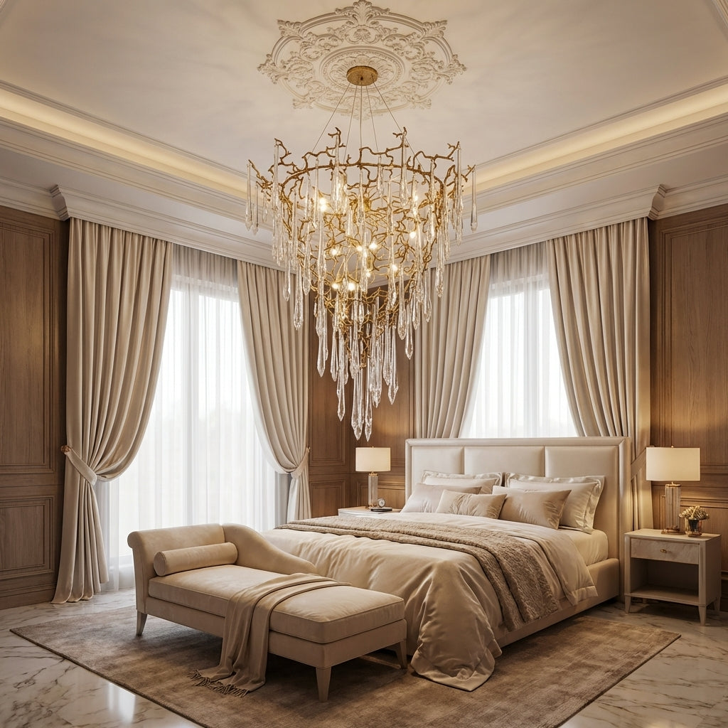 Riviko Veridian Branch Crystal Chandelier - luxurious American master suite