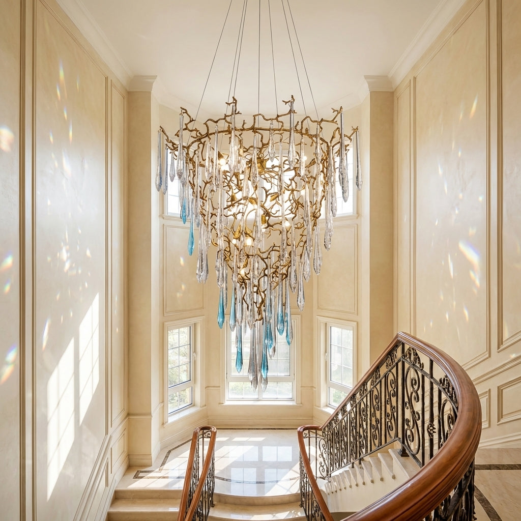 Riviko Veridian Branch Crystal Chandelier - dramatic American stairwell with soaring ceiling