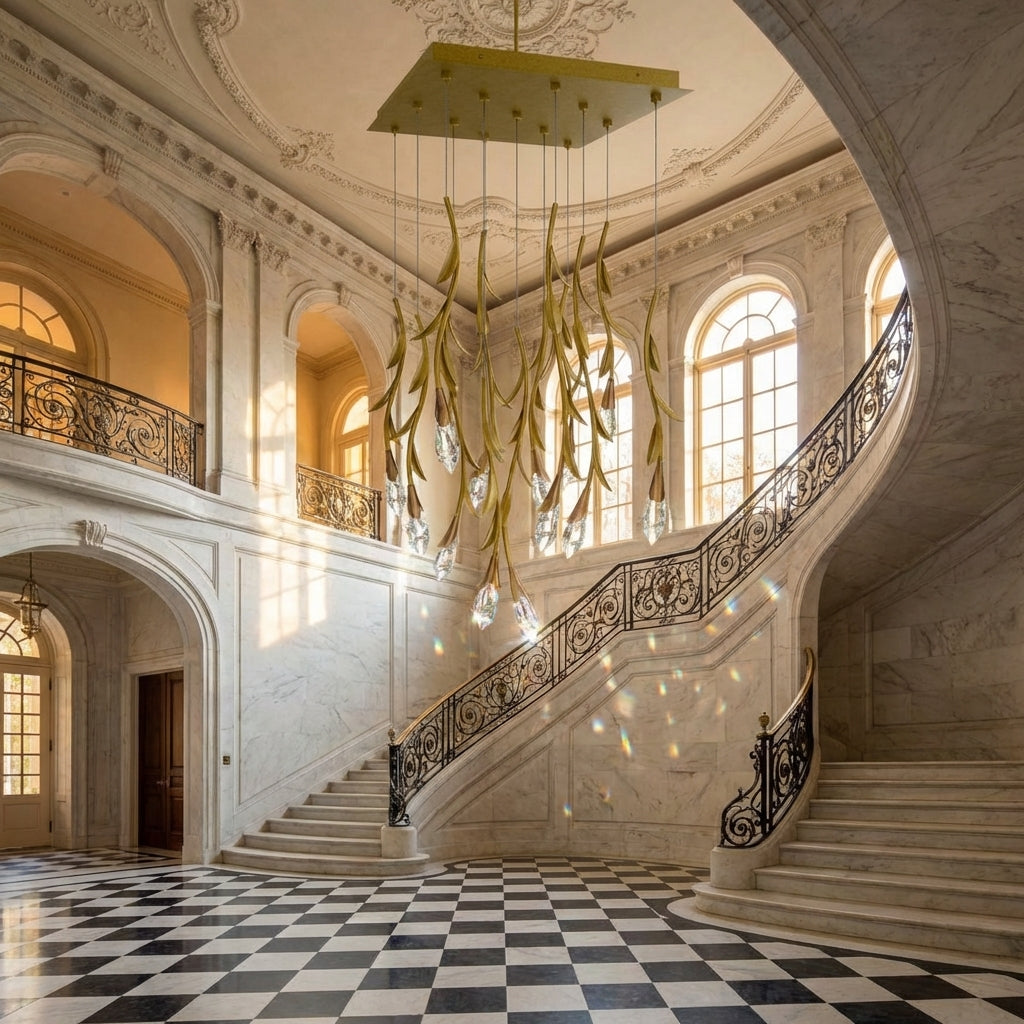 Riviko Verdant Canopy Modern Crystal Chandelier - grand American estate foyer