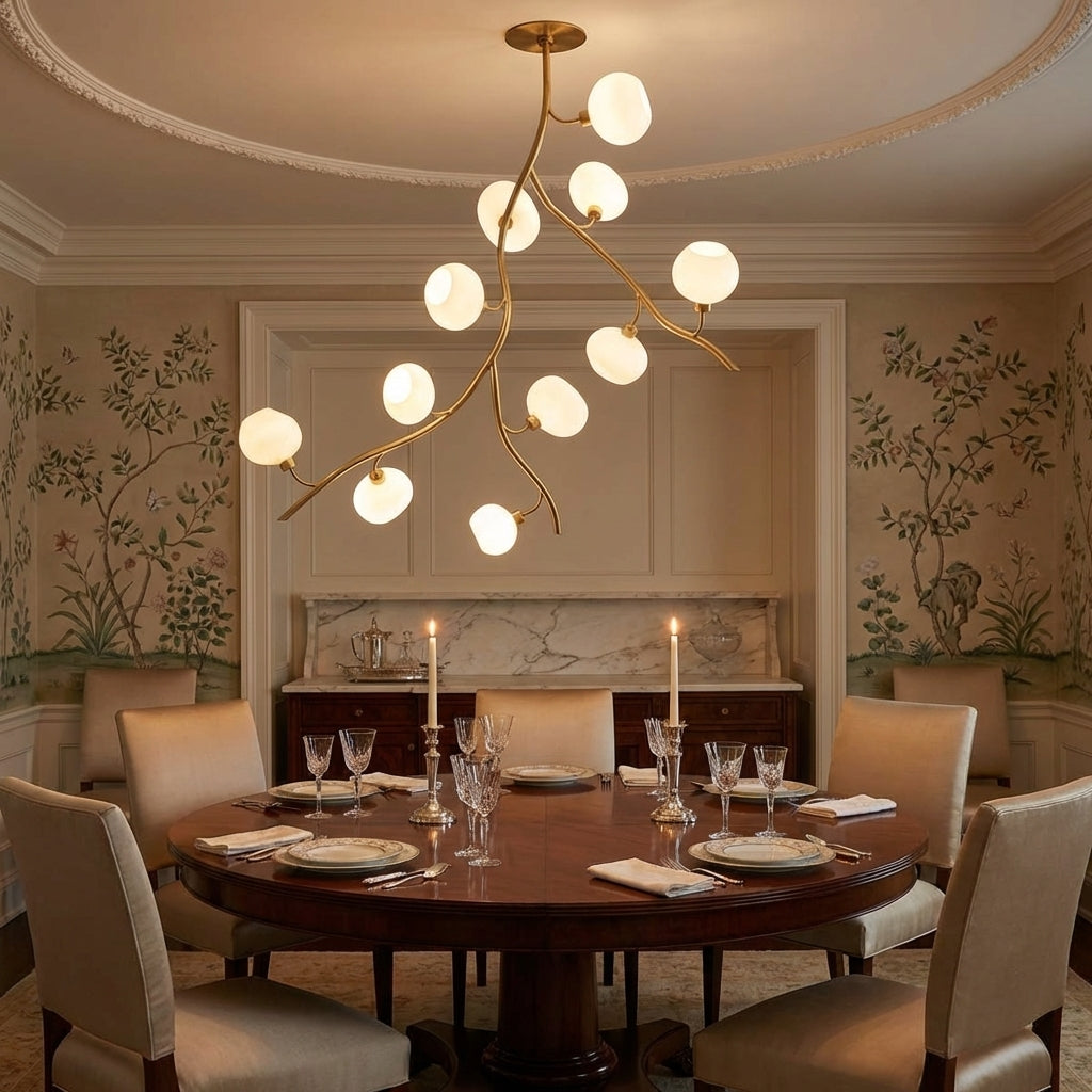 Riviko Veridian Branch Brass Chandelier with Artisan Glass - formal American dining room