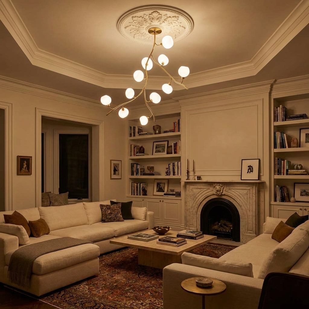 Riviko Veridian Branch Brass Chandelier with Artisan Glass - luxurious American living room with tray ceiling