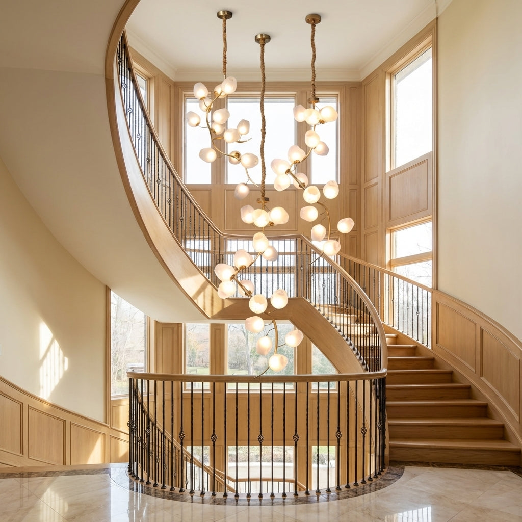Riviko Verdant Canopy Branch Chandelier - dramatic American stairwell with soaring ceiling