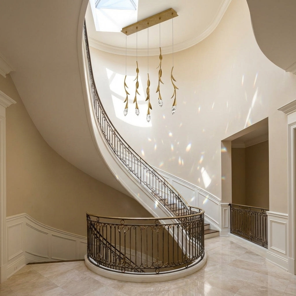 Riviko Veridian Bloom Rectangular Crystal Chandelier - dramatic American stairwell with soaring ceiling