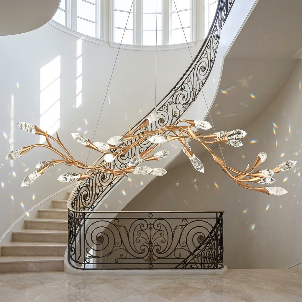 Riviko Gilded Bloom Linear/Round Crystal Chandelier - dramatic American stairwell with soaring ceiling