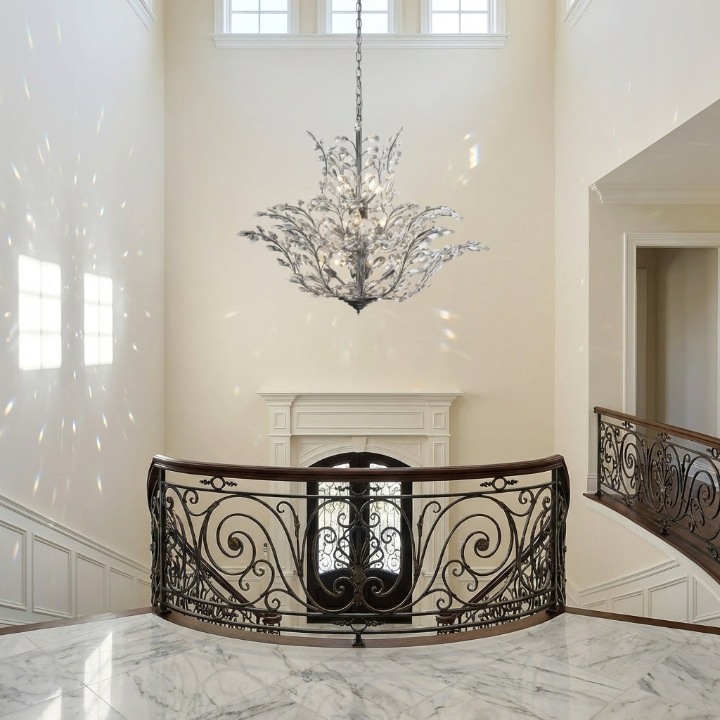 Riviko Glimmering Canopy Crystal Chandelier - dramatic American stairwell with soaring ceiling