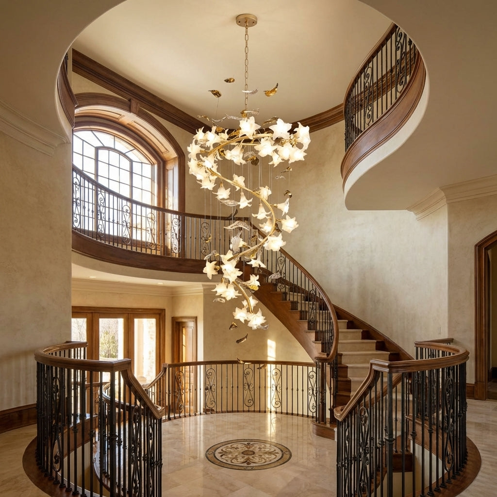 Riviko Botanical Bloom Branch Chandelier - dramatic American stairwell with soaring ceiling