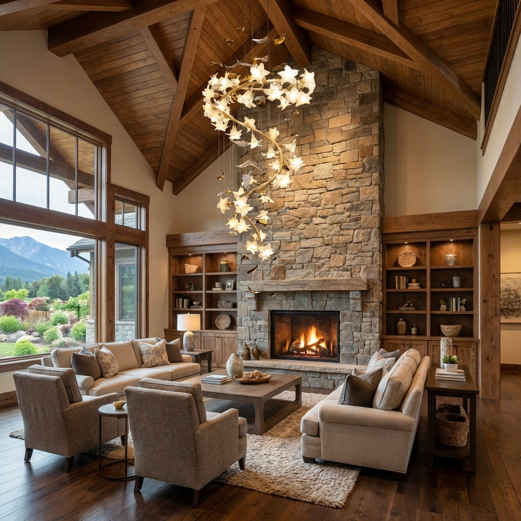Riviko Botanical Bloom Branch Chandelier - American transitional great room with cathedral ceiling