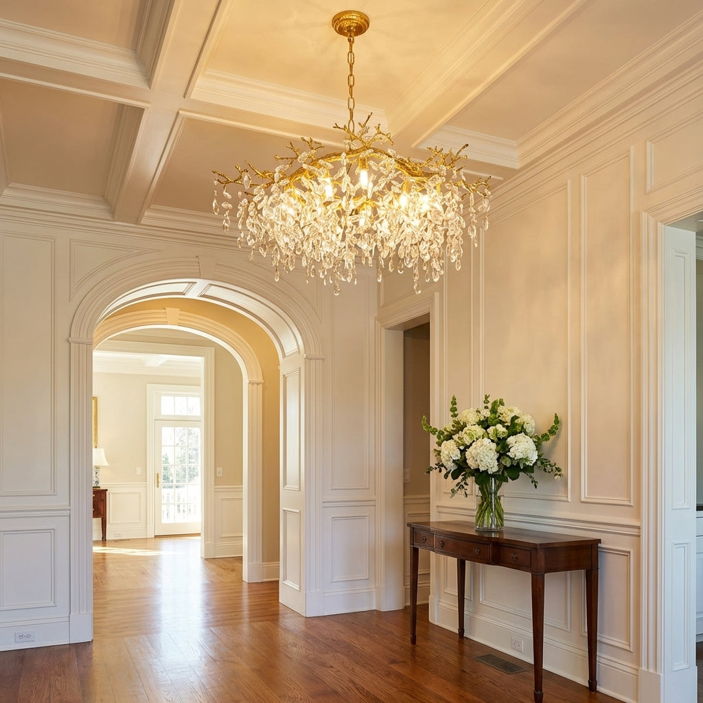 Riviko Gilded Branch Crystal Ring Chandelier - elegant American entryway with arched doorway