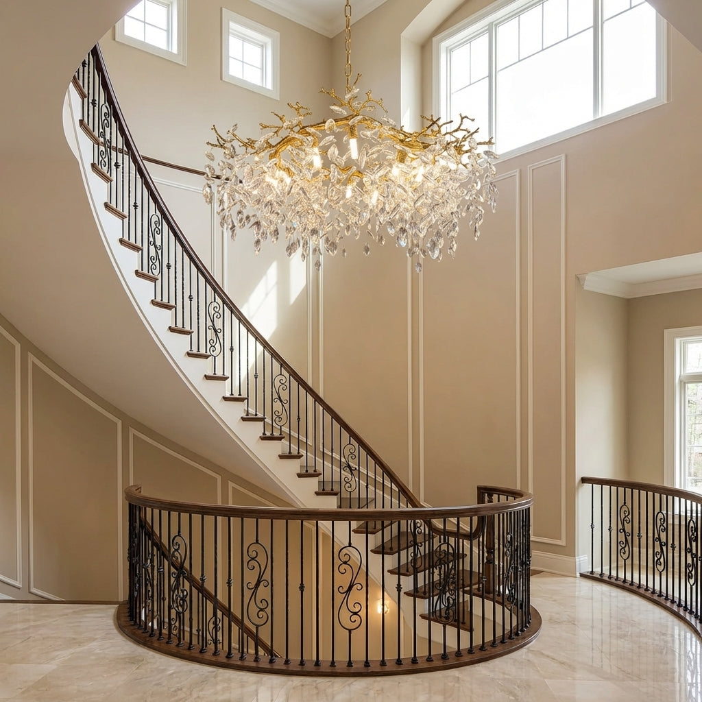 Riviko Gilded Branch Crystal Ring Chandelier - dramatic American stairwell with soaring ceiling