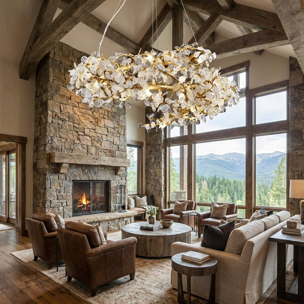 Riviko Verdant Canopy Brass Chandelier - American transitional great room with cathedral ceiling
