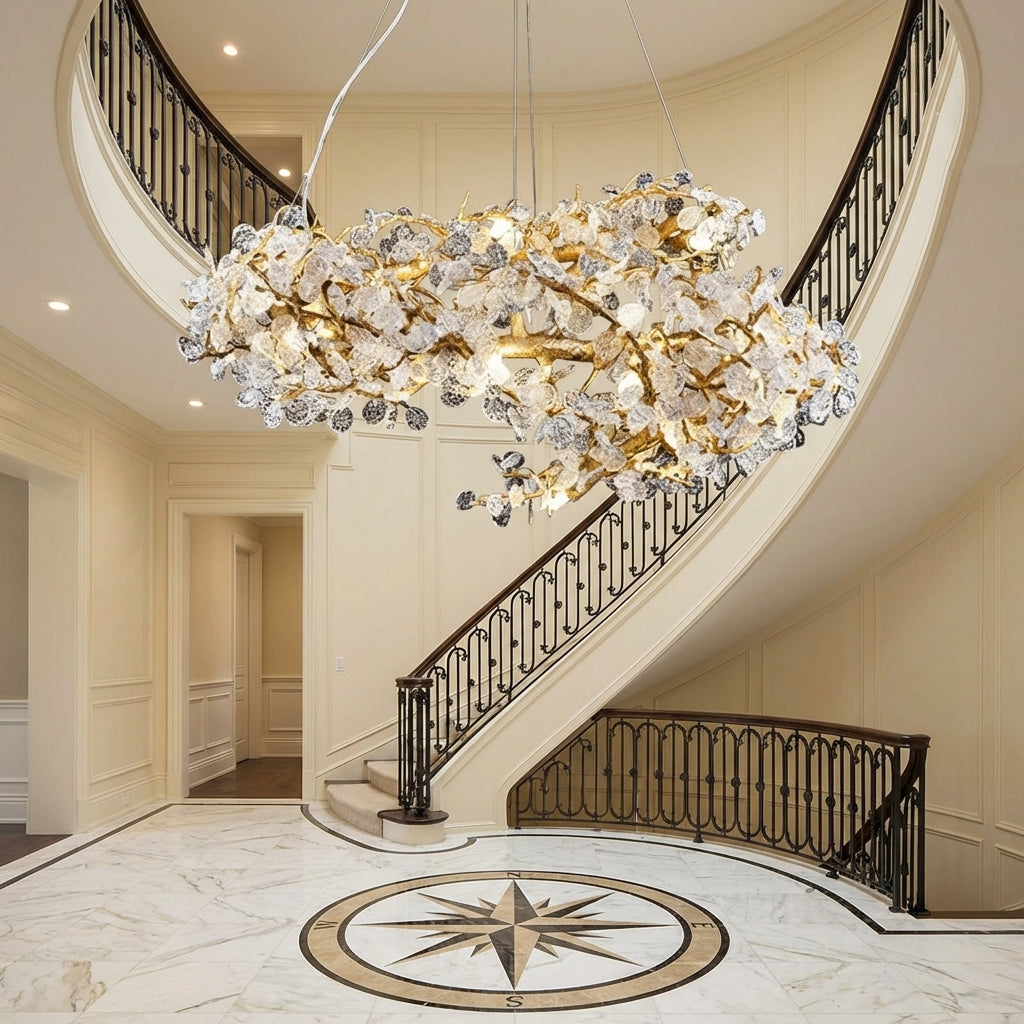Riviko Verdant Canopy Brass Chandelier - grand American foyer with two-story ceiling