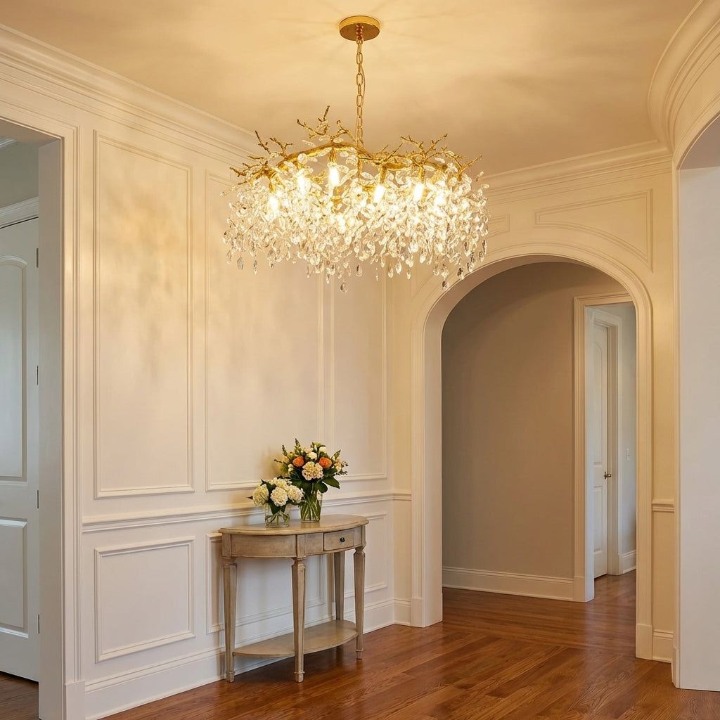 Riviko Gilded Branch Crystal Ring Chandelier - elegant American entryway with arched doorway