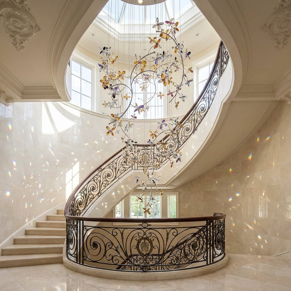 Riviko Luxury Branch Flower Crystal Chandelier for High Ceiling Staircase Foyer and Hallway Decor - Scene