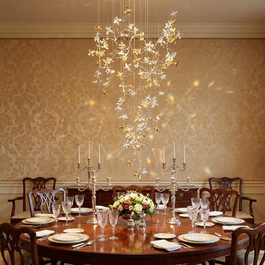 Riviko Luxury Branch Flower Crystal Chandelier for High Ceiling Staircase Foyer and Hallway Decor - Scene
