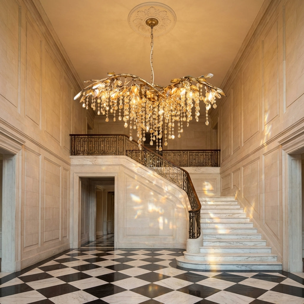 Riviko Verdant Canopy Crystal Branch Chandelier - grand American estate foyer