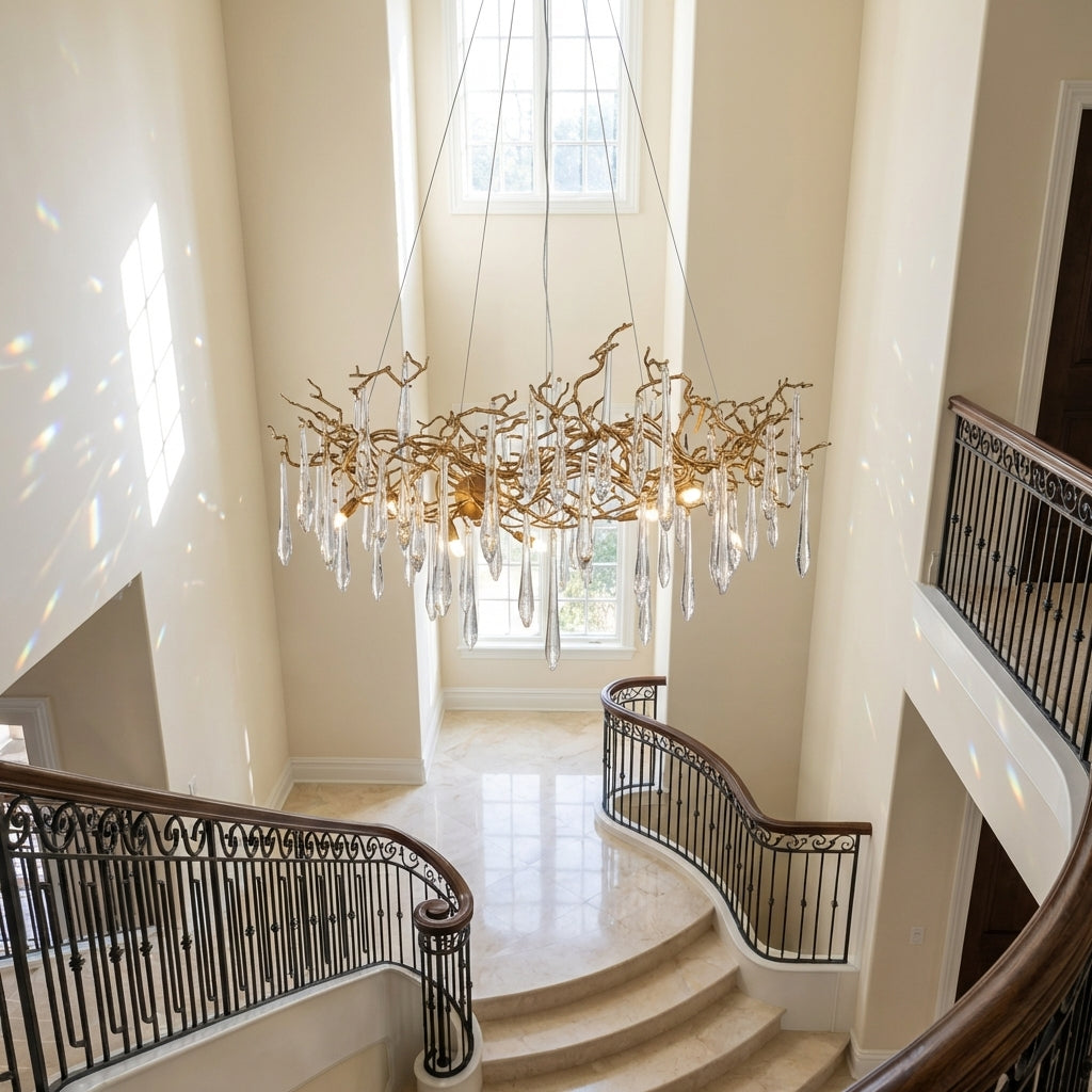 Riviko New Clear Crystal Rain Copper Branch Chandelier Modern Designer Pendant Light For Dining Table/Kitchen Island - dramatic American stairwell with soaring ceiling
