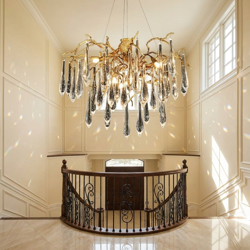 Riviko Veridian Bloom Crystal Chandelier - dramatic American stairwell with soaring ceiling