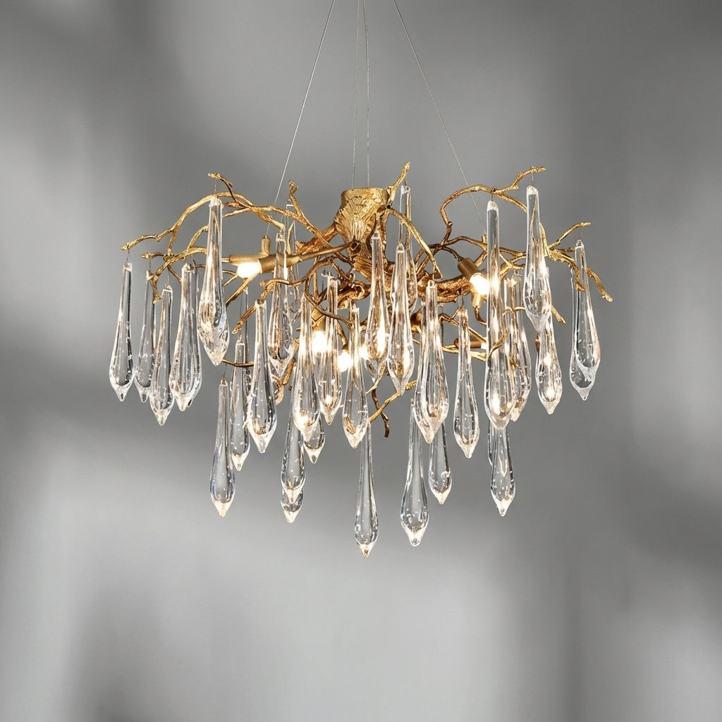 Riviko Branch Crystal Drops Chandelier in French Style with Copper Gold Finish for Dining and Living Room Ceiling - Studio Shot
