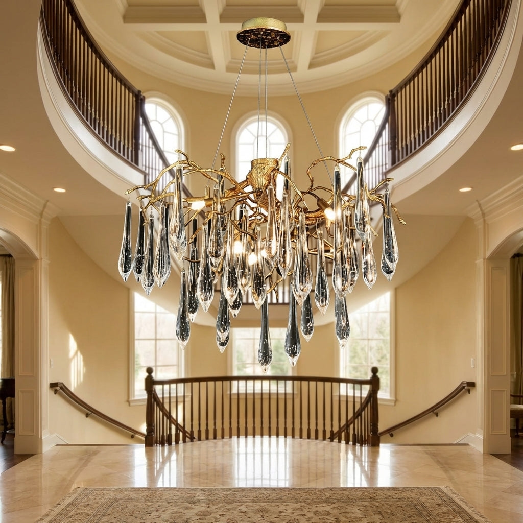 Riviko Branch Crystal Drops Chandelier in French Style with Copper Gold Finish for Dining and Living Room Ceiling - Studio Shot