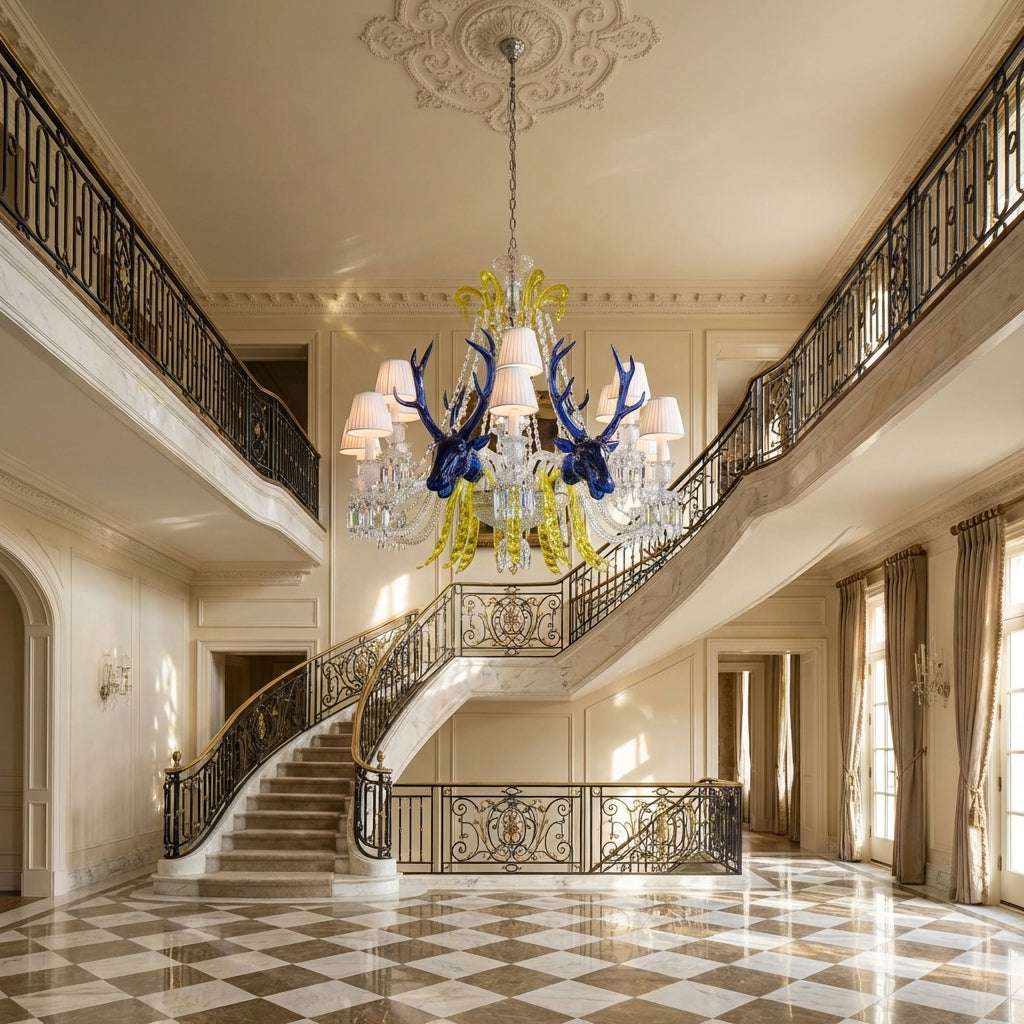 Riviko Traditional Colorful Candle Branch Blue Deer Crystal Chandelier for Living Room/Dining Room - Scene