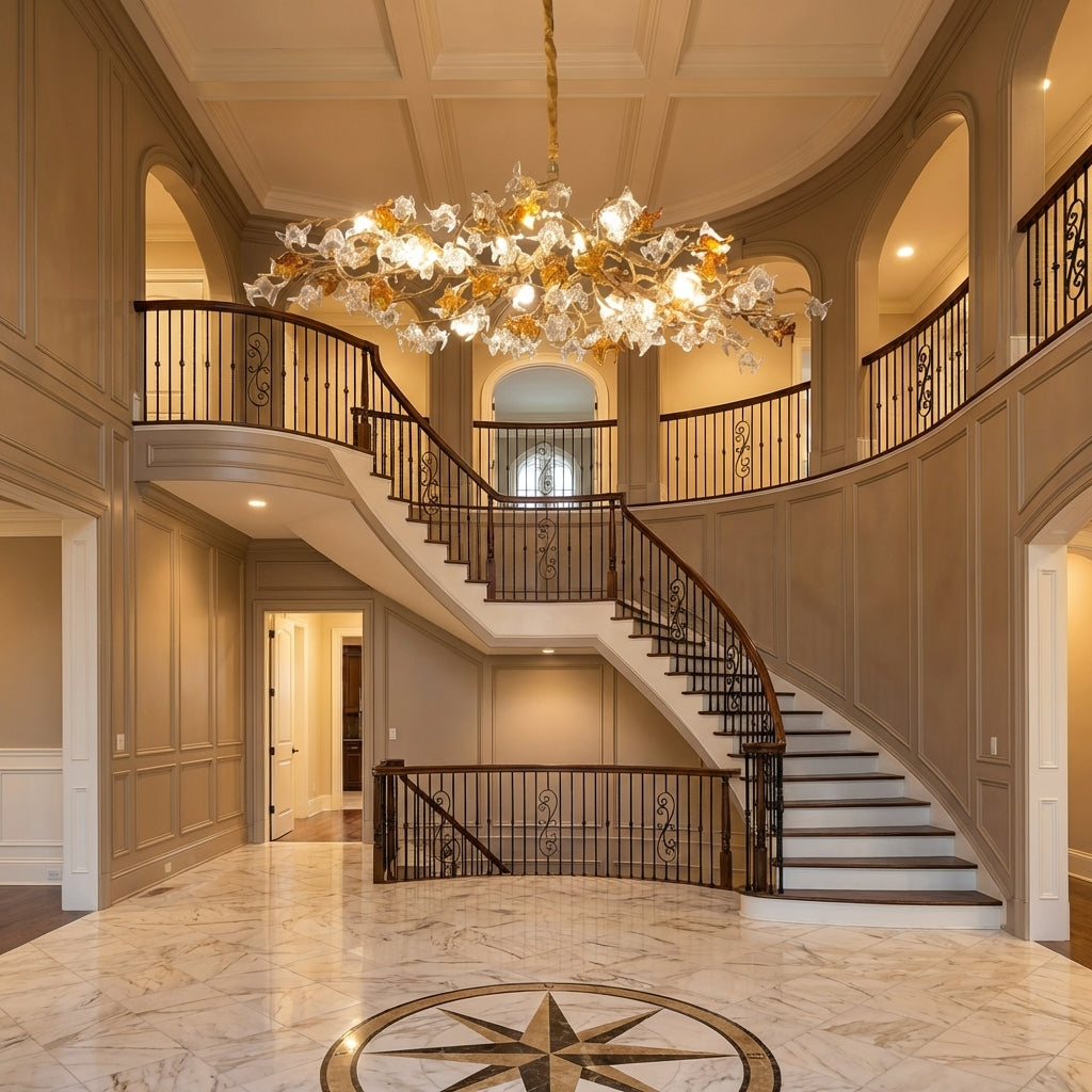 Riviko Veridian Bloom Brass Branch Chandelier - grand American foyer with two-story ceiling