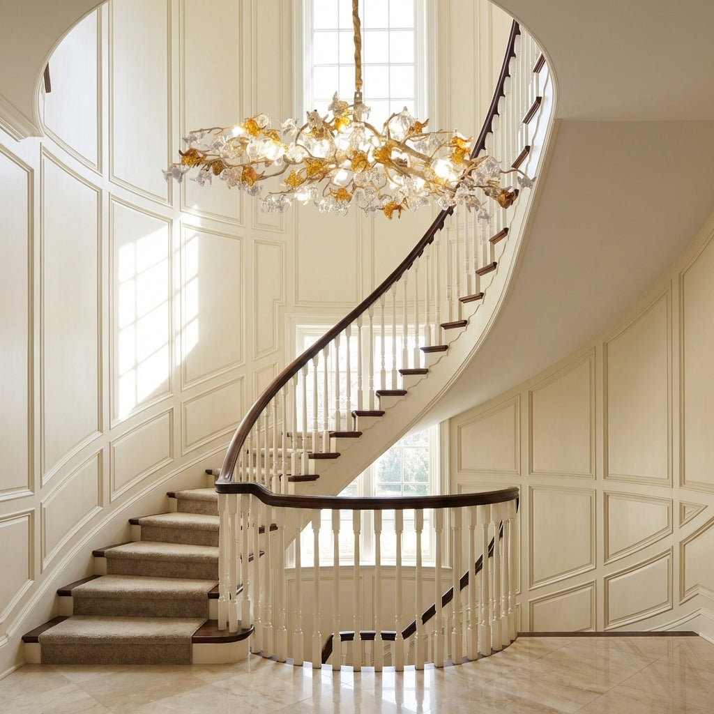Riviko Veridian Bloom Brass Branch Chandelier - dramatic American stairwell with soaring ceiling