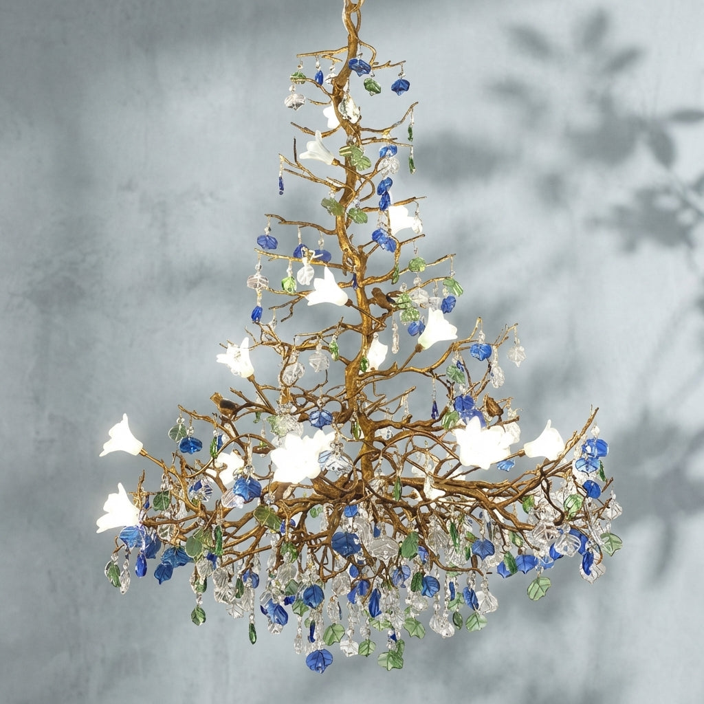 Riviko Stylish Colored Glaze Flower Crystal Chandelier Brass Tree Branch Ceiling Light For Living Room Hotel Hal - Studio Shot
