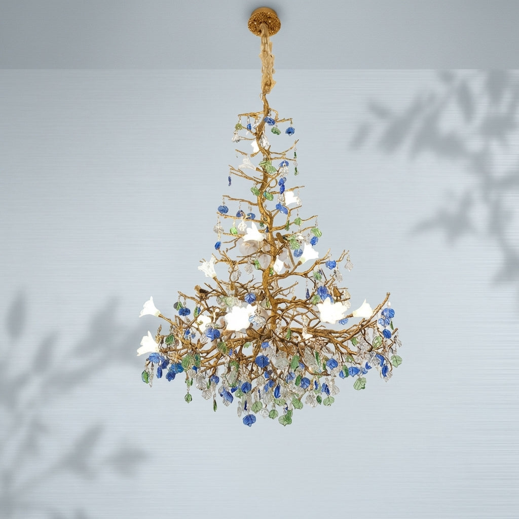 Riviko Stylish Colored Glaze Flower Crystal Chandelier Brass Tree Branch Ceiling Light For Living Room Hotel Hal - Studio Shot