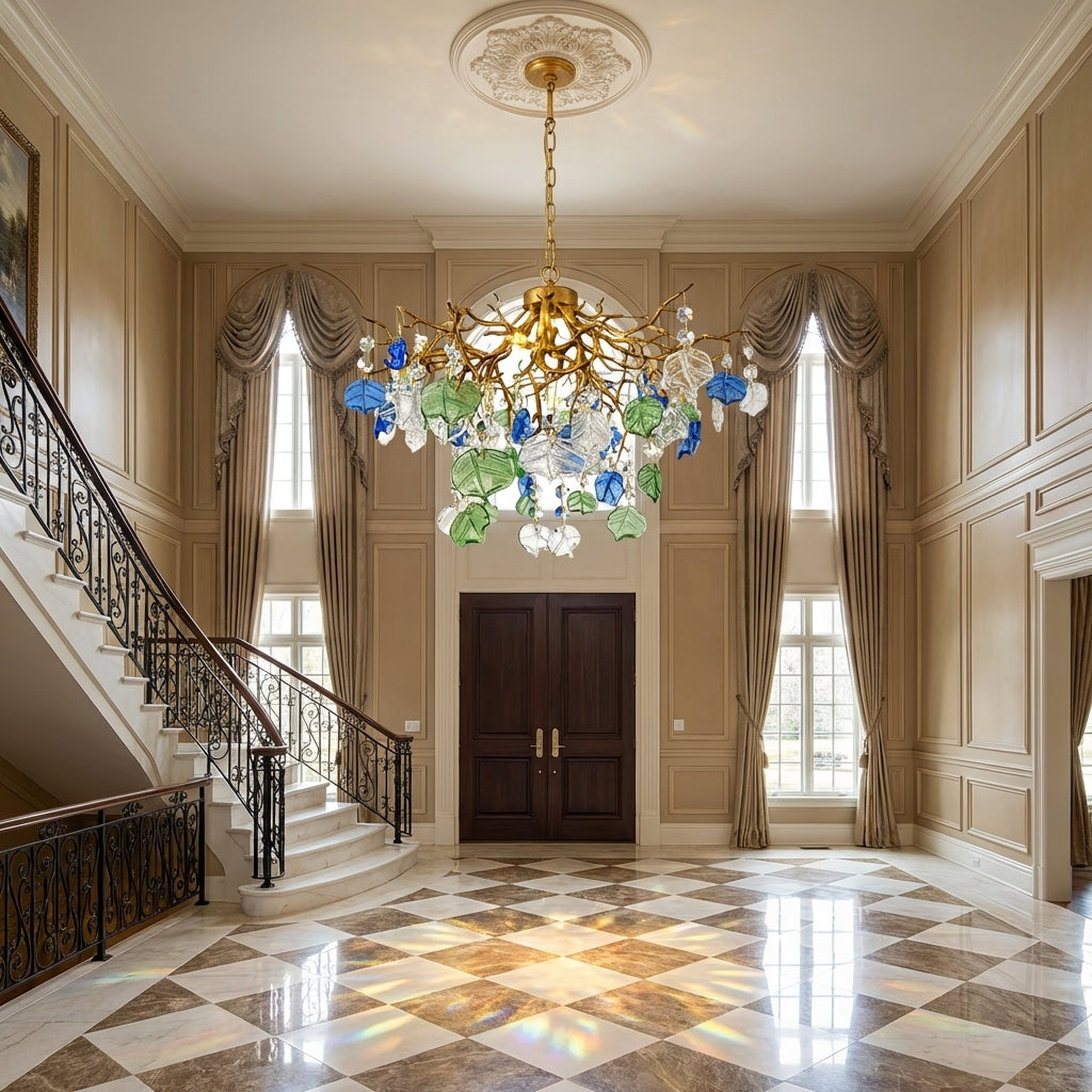 Riviko Stylish Colored Glaze Flower Crystal Chandelier Brass Tree Branch Ceiling Light For Living Room Hotel Hal - Scene