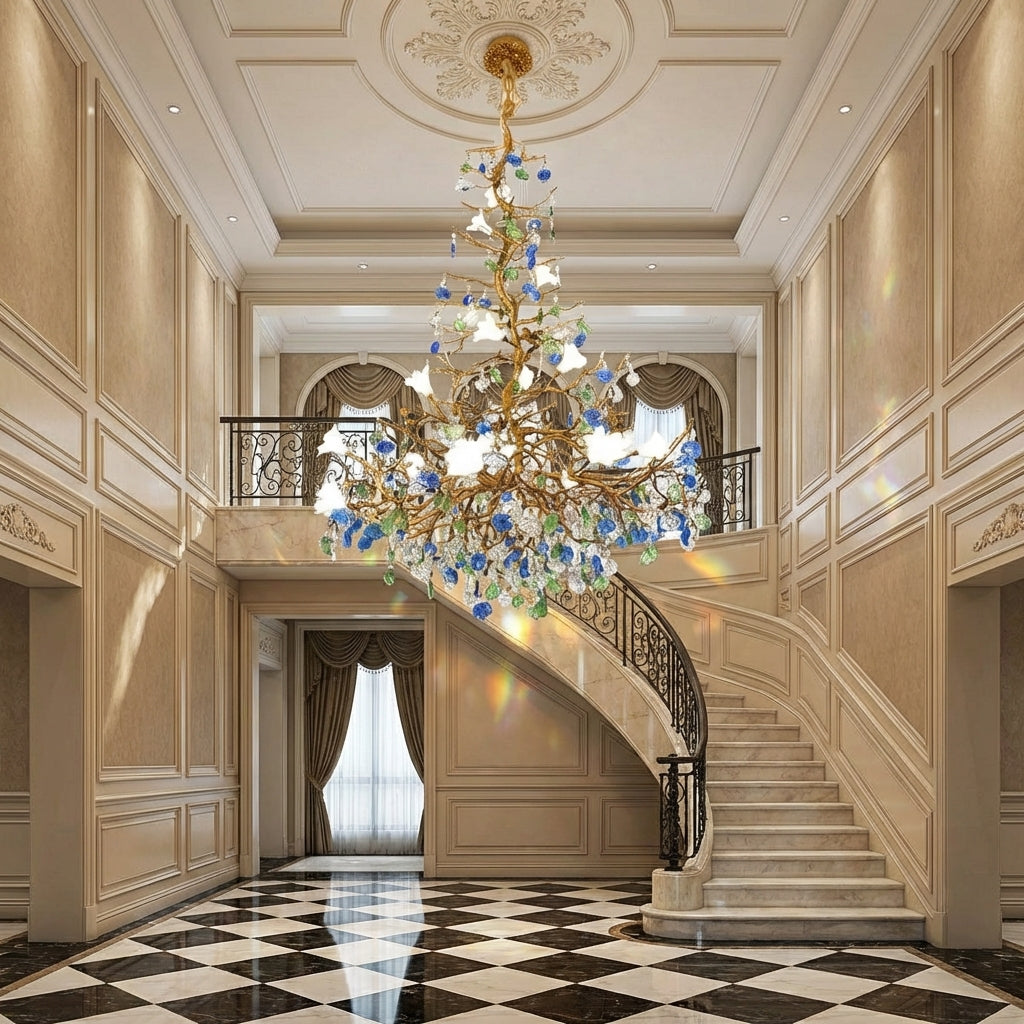 Riviko Stylish Colored Glaze Flower Crystal Chandelier Brass Tree Branch Ceiling Light For Living Room Hotel Hal - Scene