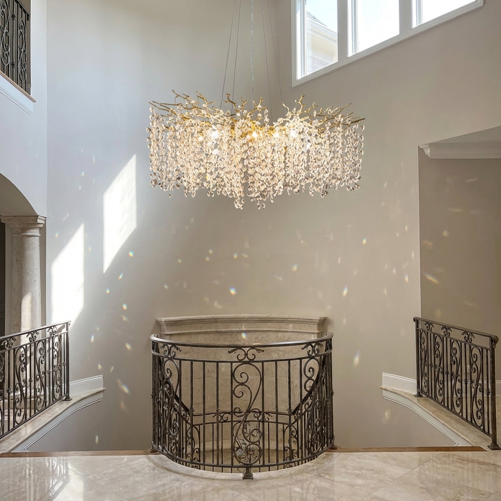 Riviko Veridian Bloom Floral Crystal Chandelier - dramatic American stairwell with soaring ceiling