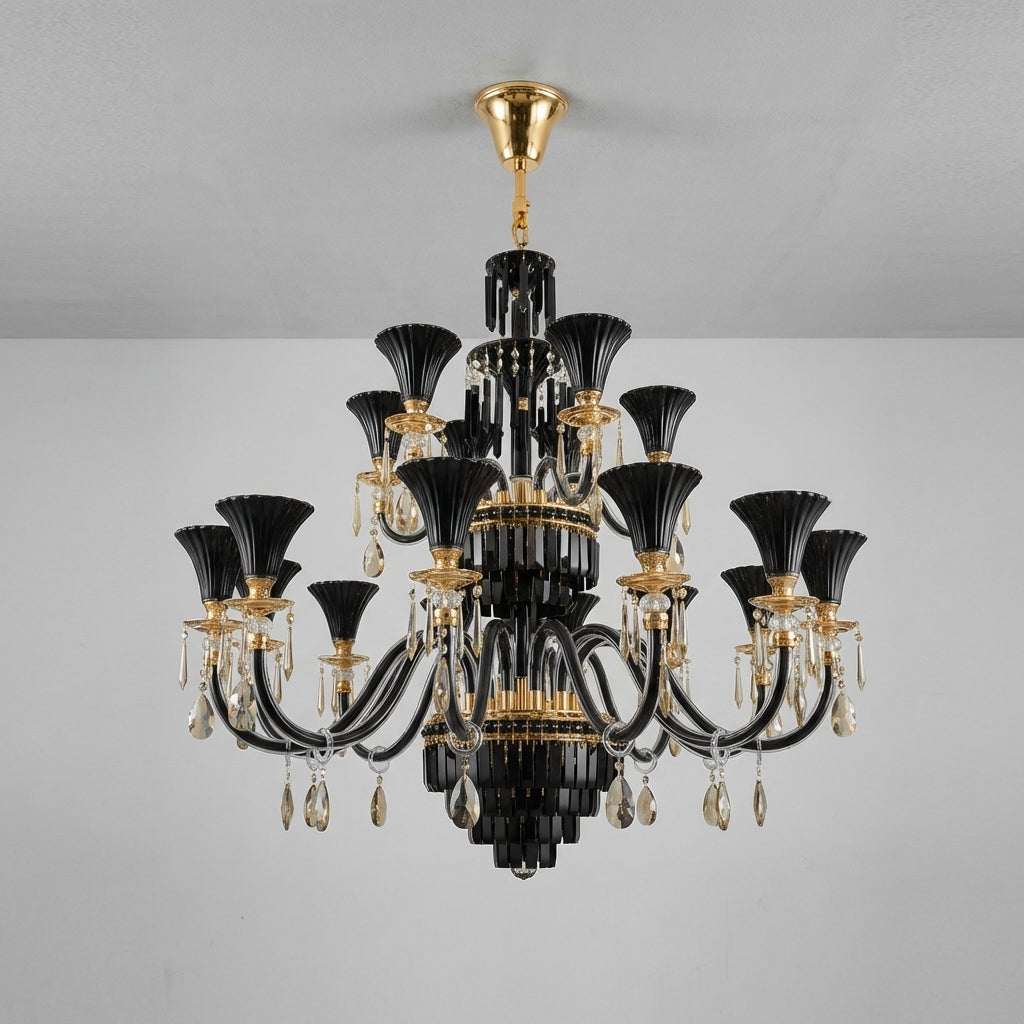 Riviko American Traditional Branch Crystal Chandelier with Candle Design in Black and Gold - Studio Shot