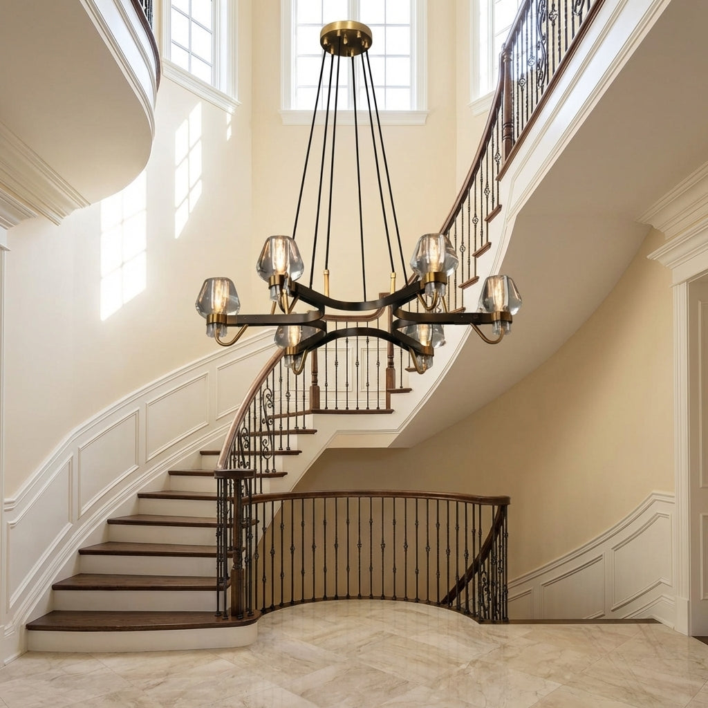 Riviko Post-modern Light Full Brass Chandelier for Living Room/Bedroom - dramatic American stairwell with soaring ceiling