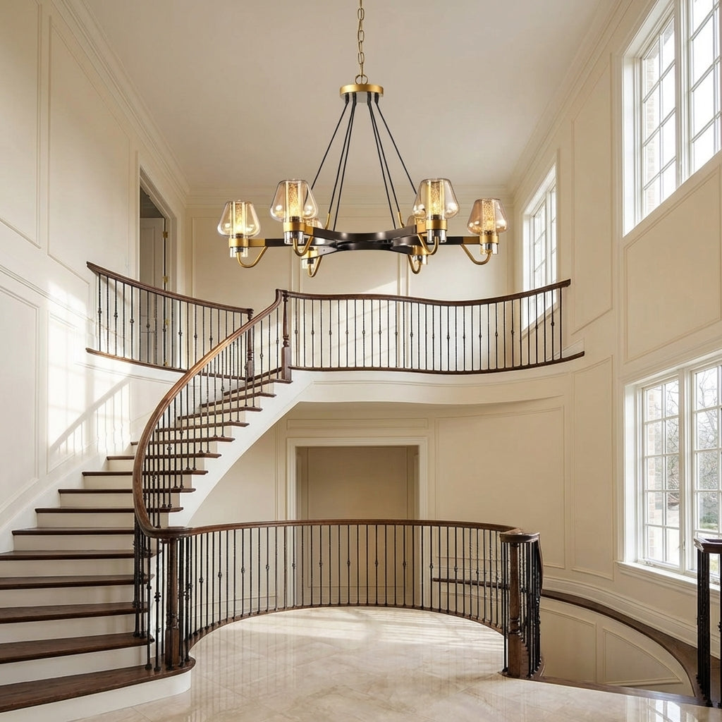 Riviko Post-modern Light Full Brass Chandelier for Living Room/Bedroom - dramatic American stairwell with soaring ceiling
