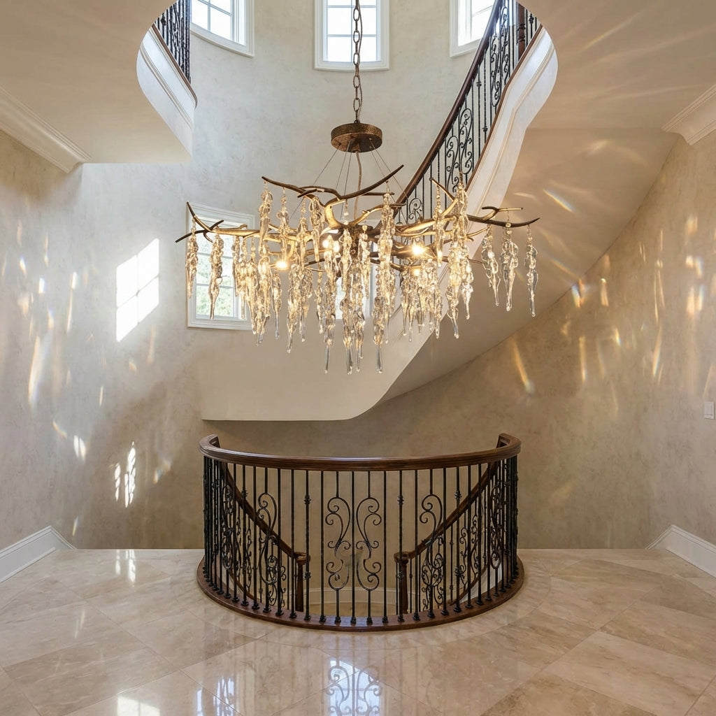 Riviko New Light Luxury Crystal Geometric Chandelier for Living Room/Dining Room/Bedroom - dramatic American stairwell with soaring ceiling