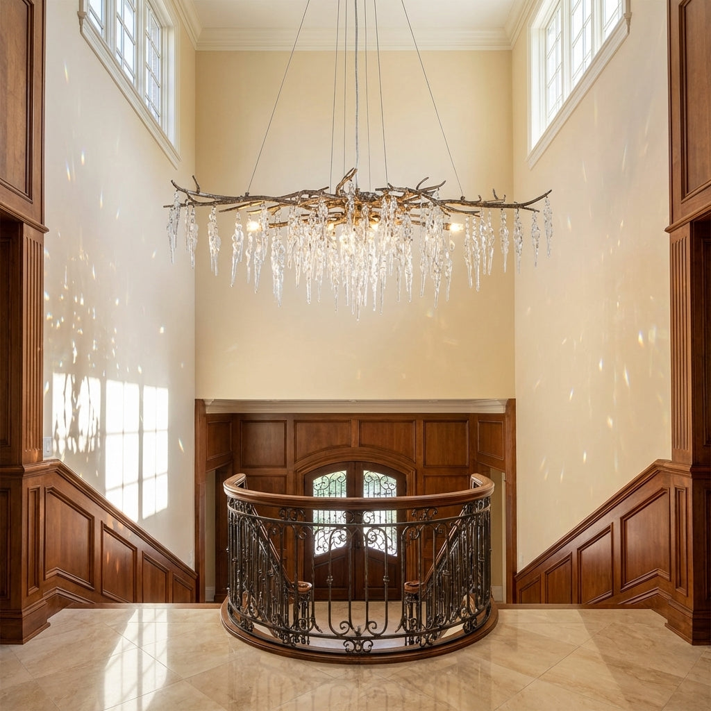 Riviko New Light Luxury Crystal Geometric Chandelier for Living Room/Dining Room/Bedroom - dramatic American stairwell with soaring ceiling