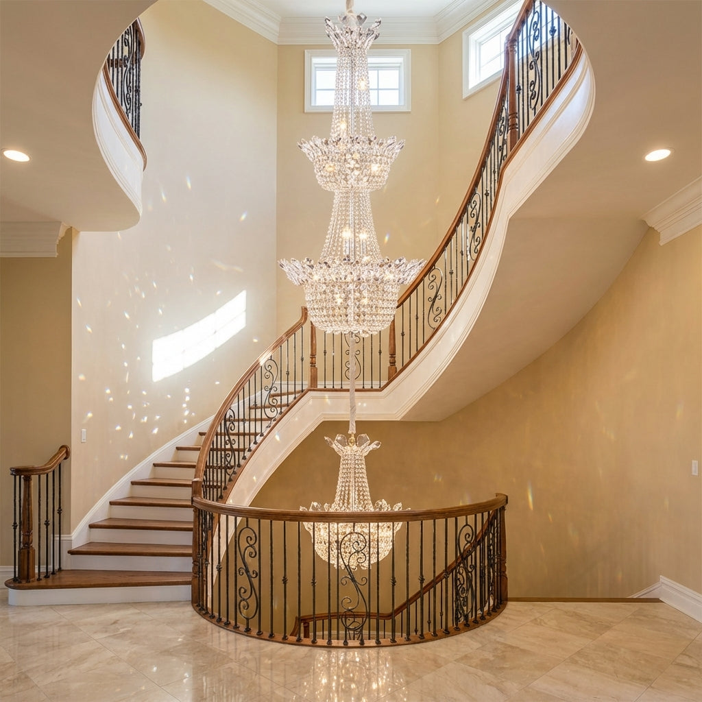 Riviko Regal Branch Crystal Pendant Chandelier - dramatic American stairwell with soaring ceiling