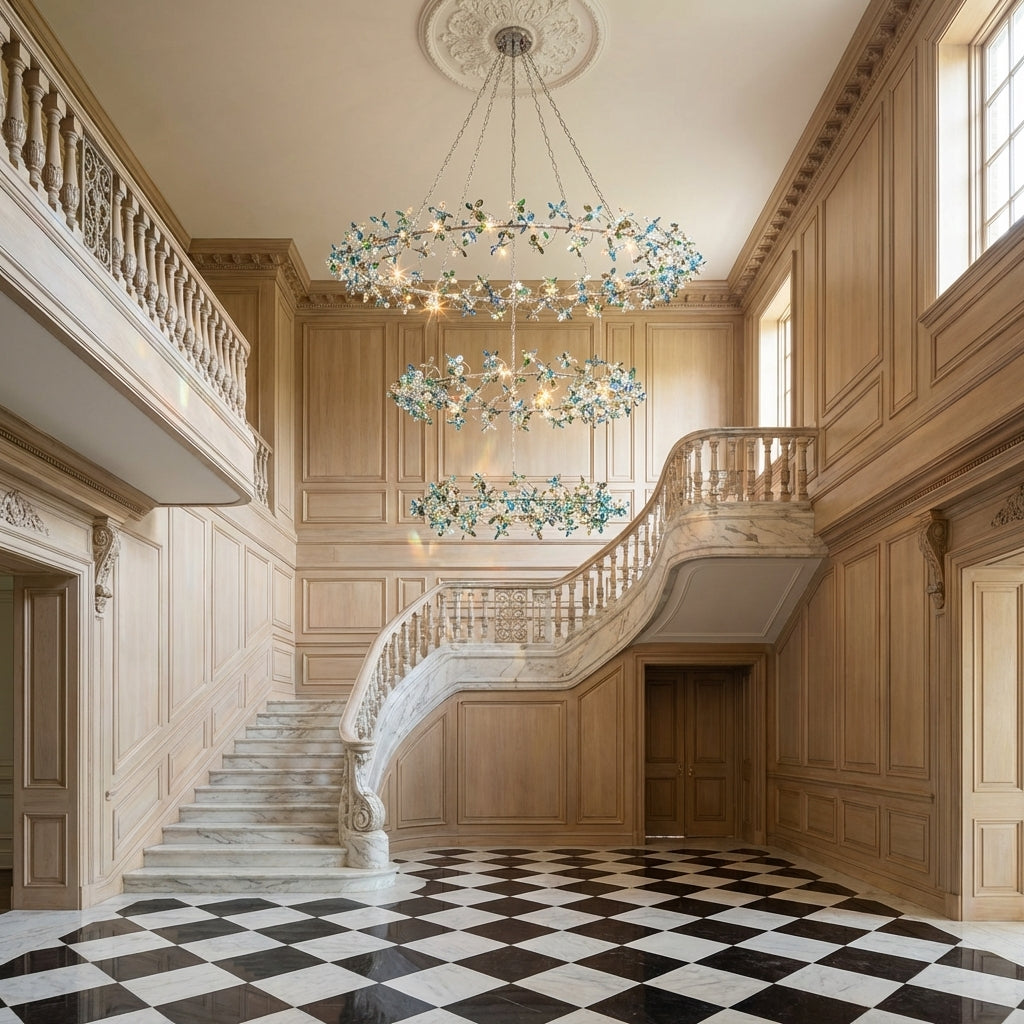 Riviko Modern Design Crystal Chandelier with Floral Crown Shape - grand American estate foyer