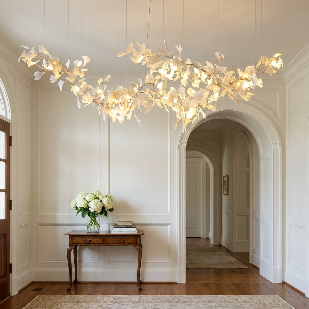Riviko Ginkgo Canopy Porcelain Chandelier - elegant American entryway with arched doorway