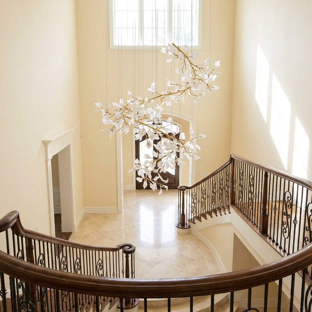 Riviko Ginkgo Canopy Porcelain Chandelier - dramatic American stairwell with soaring ceiling