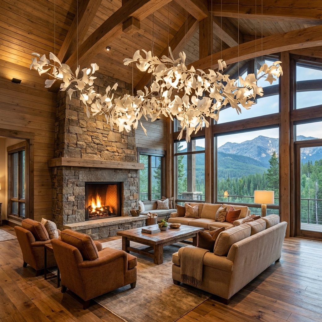 Riviko Ginkgo Canopy Porcelain Chandelier - American transitional great room with cathedral ceiling
